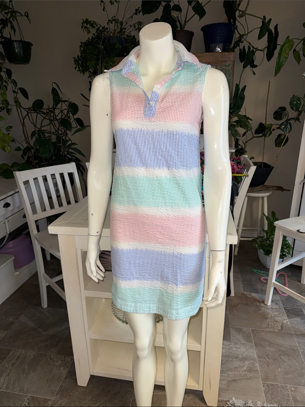 Orly Sleeveless ribbed Stripe Polo collared Dress Pink,Mint,Blue 100% cotton S